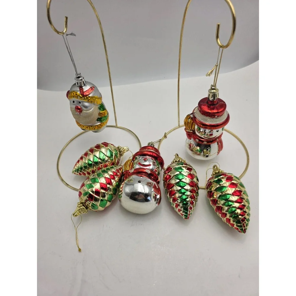 VTG Christmas Ornaments Lot 7Santa Snowman Pine Cone Red Green Gold Holiday